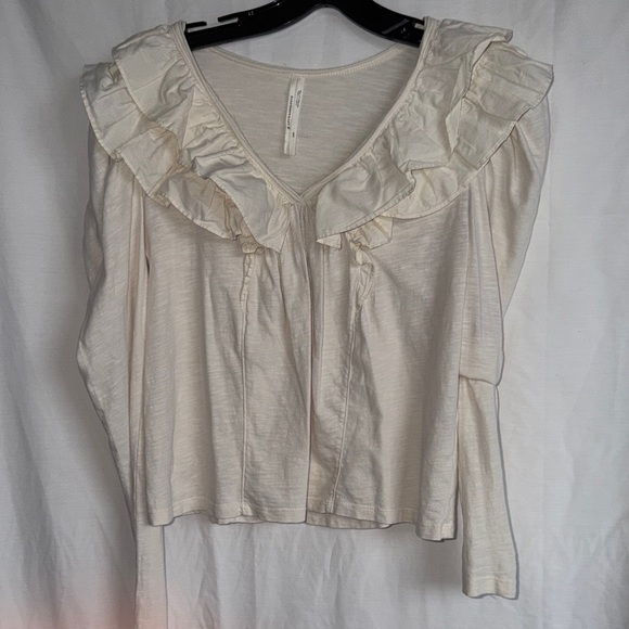 Anthropologie Ruffled V Neck Blouse Top Womens Size XSP Cream Long Sleeved - Picture 3 of 8
